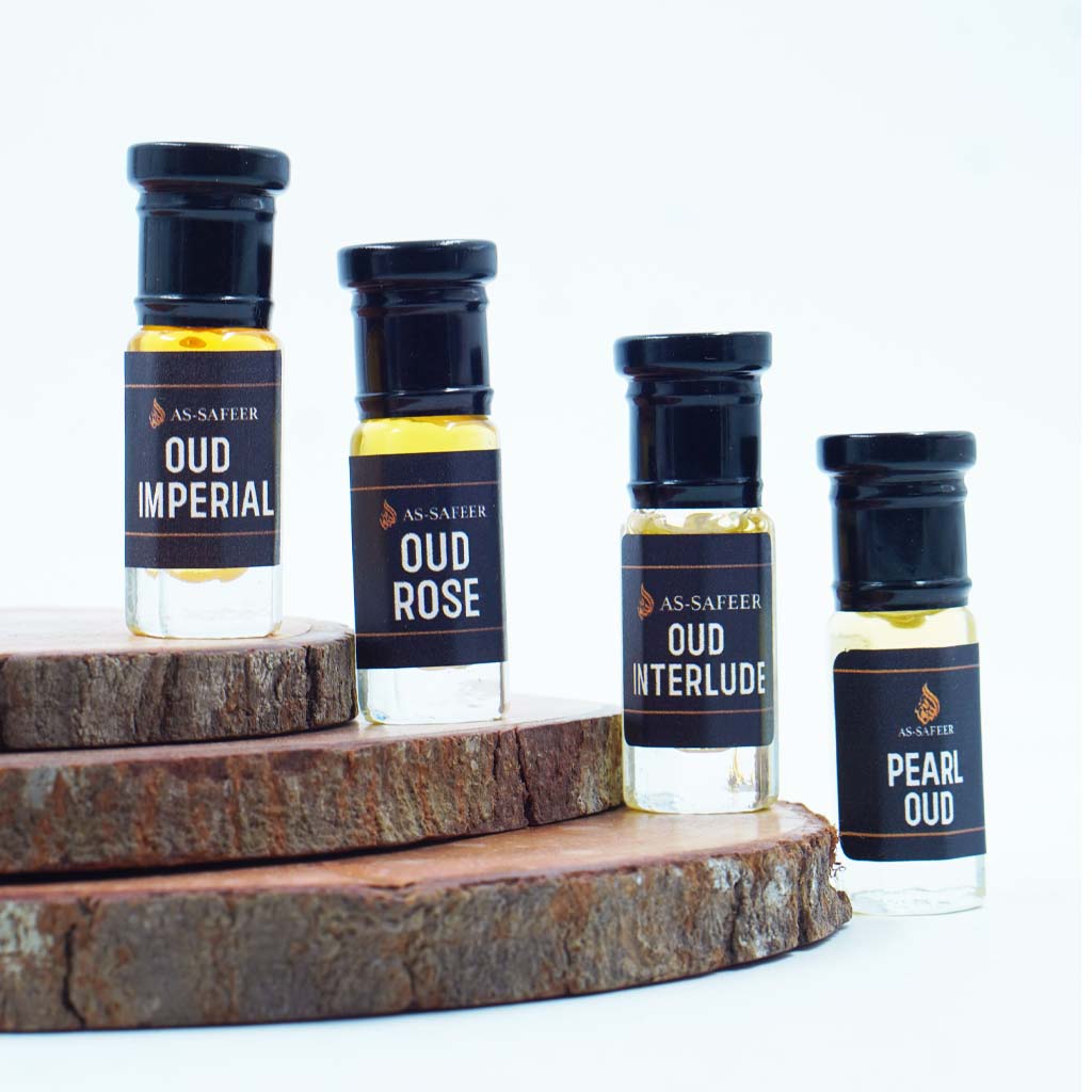 Oud Combo Set (4 Attars) – Oud Rose, Oud Interlude, Oud Imperial, Pearl Oud | Luxury Long-Lasting Attar Oils for Men & Women
