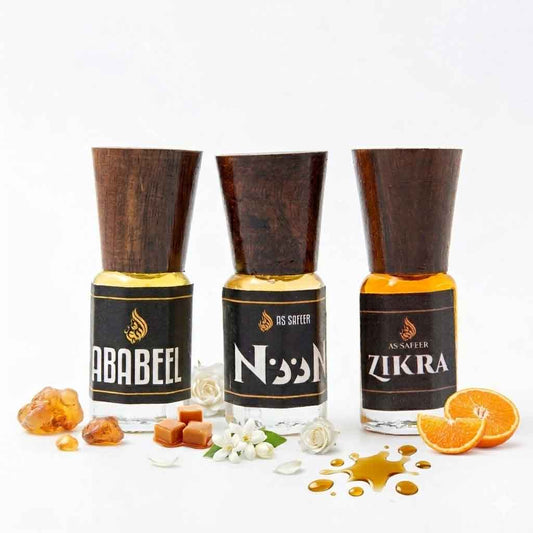 Premium Attar Trio Set – Zikra, Ababeel & Noon | Musky, Bergamot, White Floral & Zesty Perfume Oils