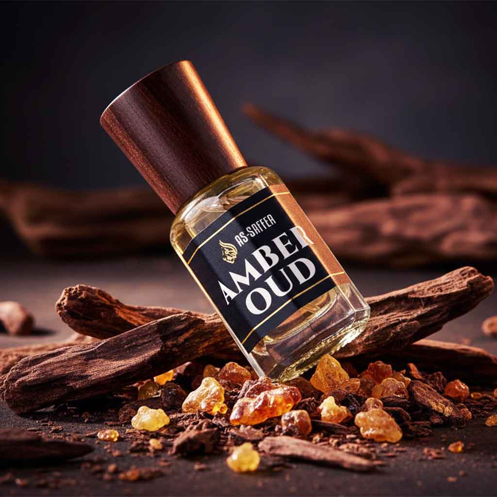 Amber Oud perfume bottle, luxury oriental woody fragrance with amber and musk notes.