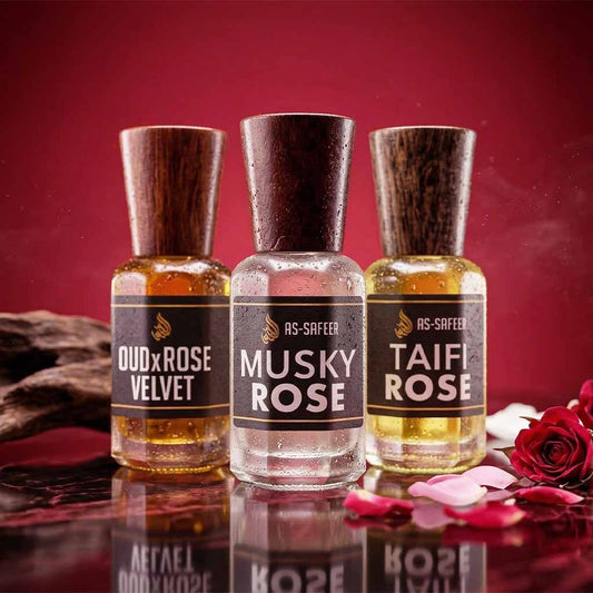 Rose Attar Combo – Taifi Rose, Oud Rose Velvet & Musky Rose | Premium Long Lasting Attar Set