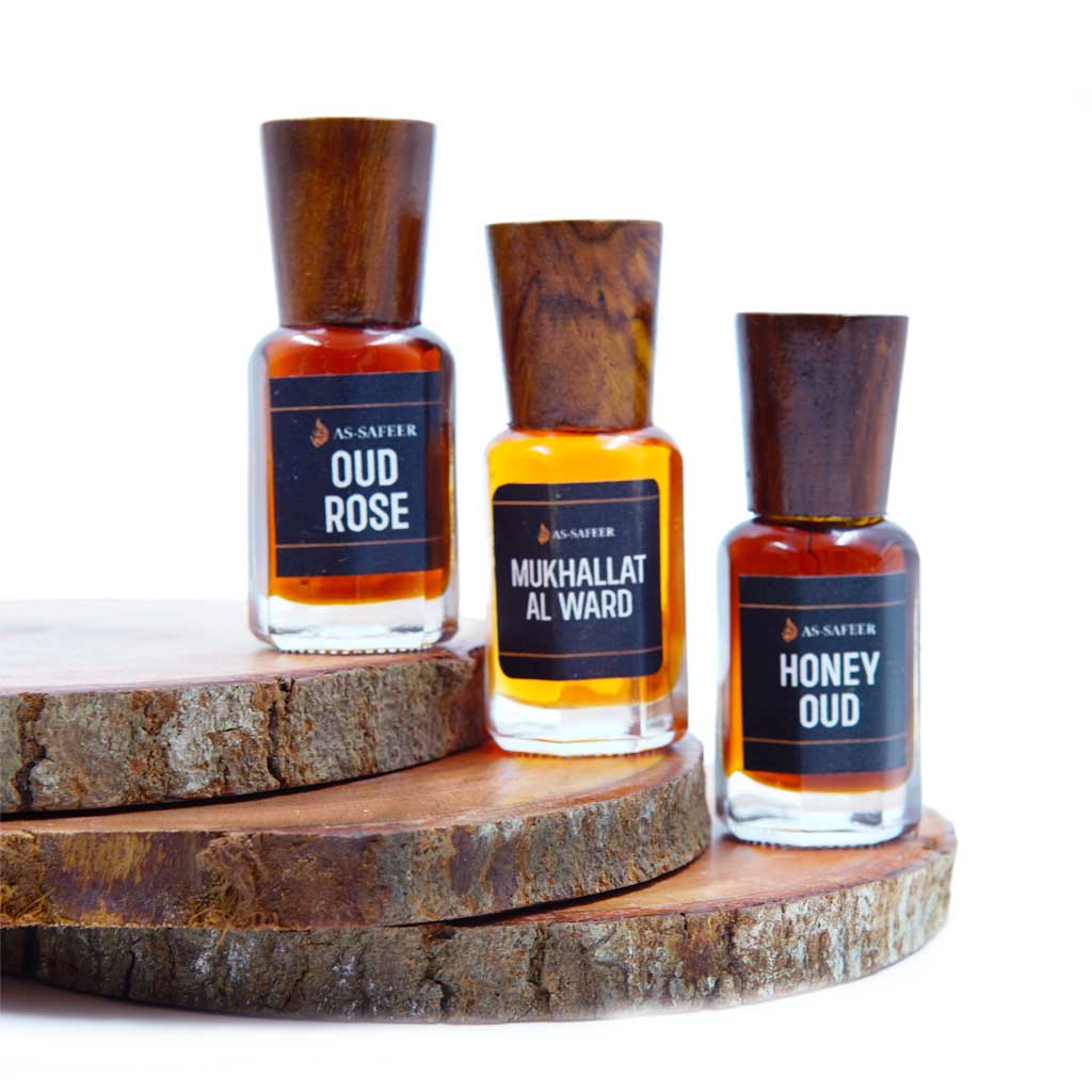 Premium Attar Combo | Mukhallat Al Ward, Honey Oudh & Oudh Rose – Luxury Non-Alcoholic Attars