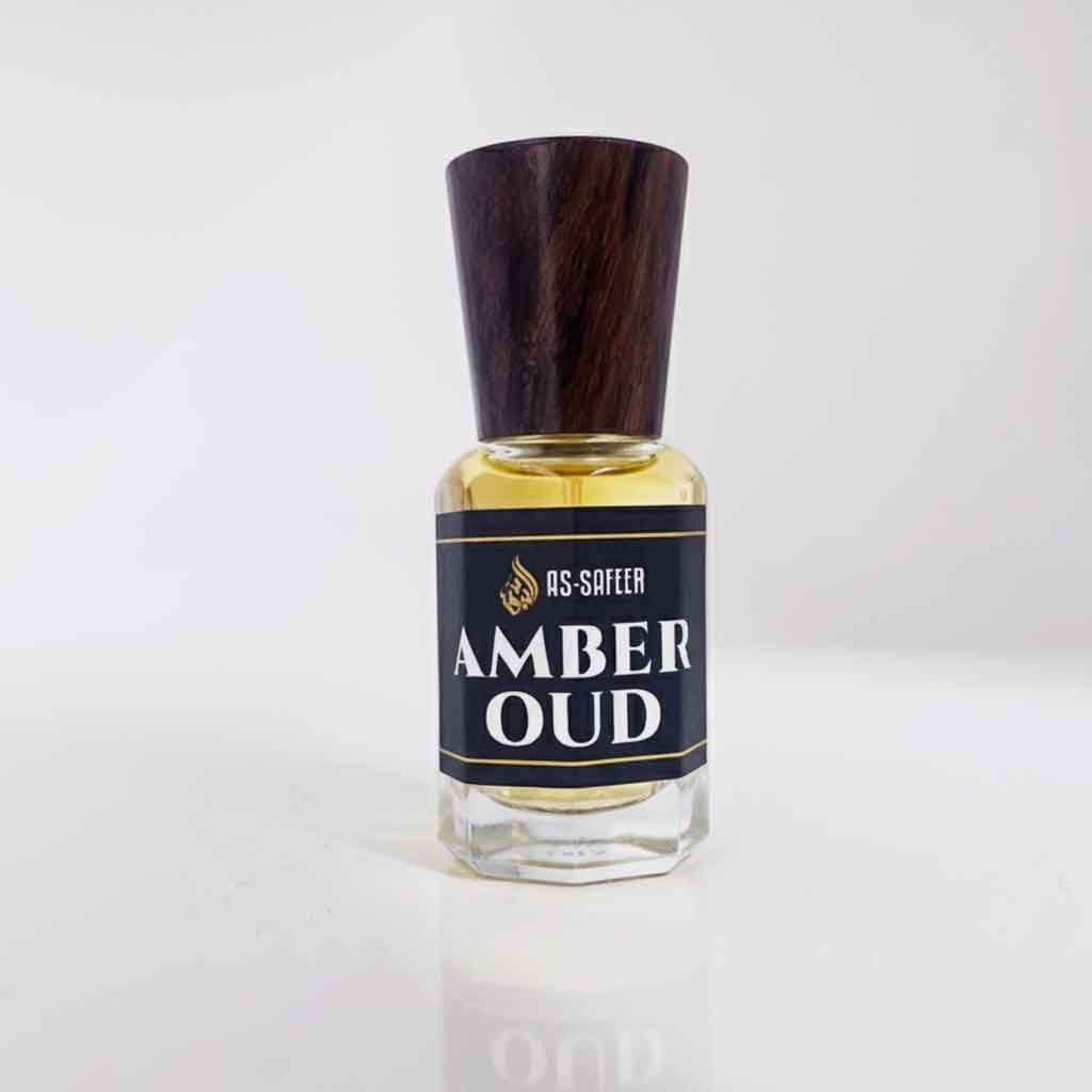 Amber Oud perfume bottle, luxury oriental woody fragrance with amber and musk notes.