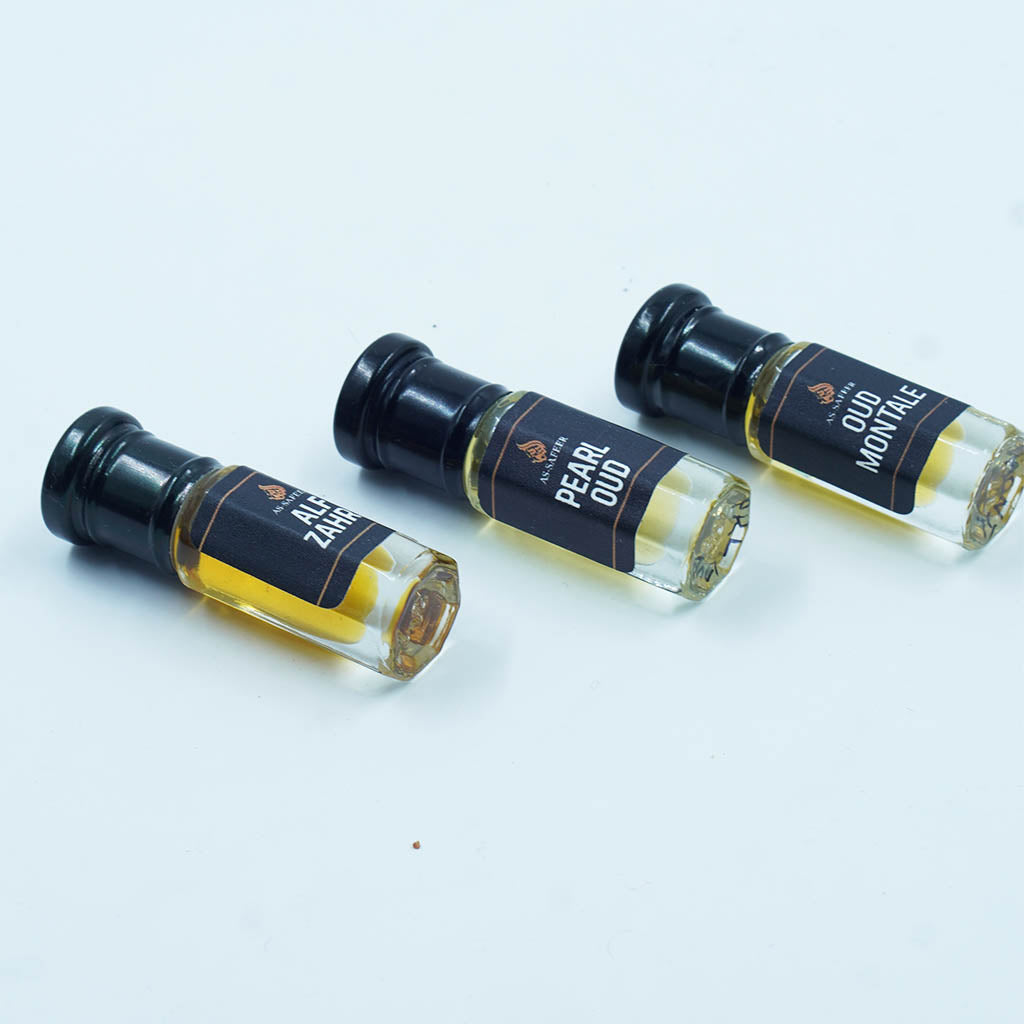 Budget Attar Combo Set of 3 (Pearl Oud, Oud Montale, Alf Zahrah) – Long Lasting, Travel Size Perfumes