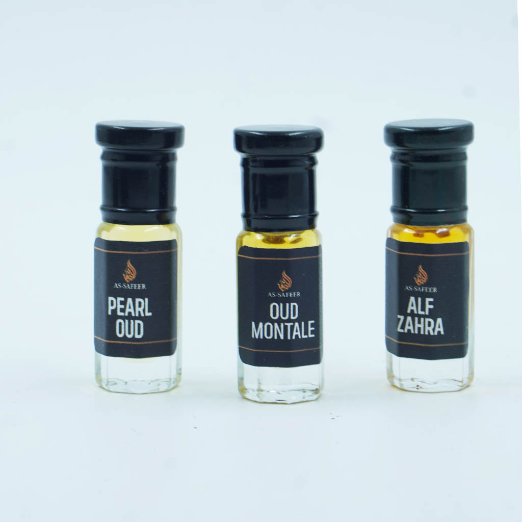 Budget Attar Combo Set of 3 (Pearl Oud, Oud Montale, Alf Zahrah) – Long Lasting, Travel Size Perfumes