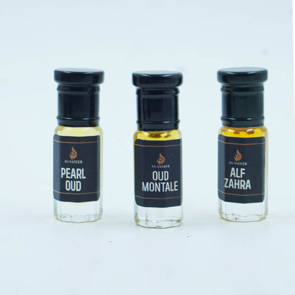 Budget Attar Combo Set of 3 (Pearl Oud, Oud Montale, Alf Zahrah) – Long Lasting, Travel Size Perfumes