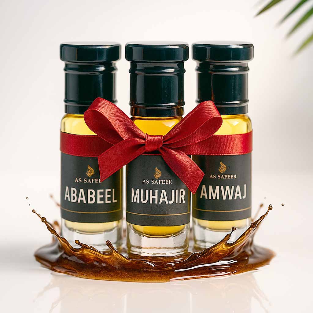 Combo Set of 3 Mini Premium Attars – Amwaj, Muhajir & Ababeel (3ml Each) | Long Lasting Fragrance Oils