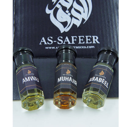 Combo Set of 3 Mini Premium Attars – Amwaj, Muhajir & Ababeel (3ml Each) | Long Lasting Fragrance Oils