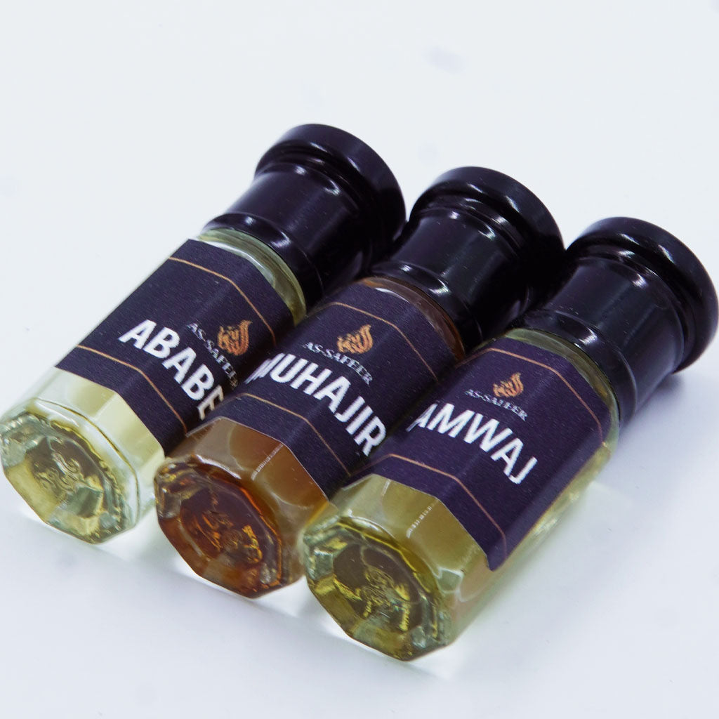 Combo Set of 3 Mini Premium Attars – Amwaj, Muhajir & Ababeel (3ml Each) | Long Lasting Fragrance Oils
