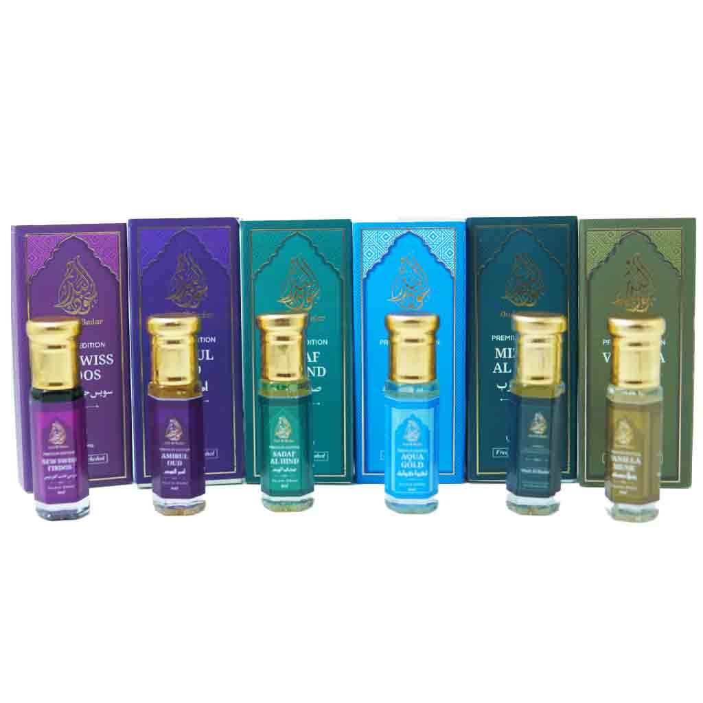 Oud Al Badar Luxury Attar Gift Set – Pack of 6 Premium Arabic Attars | Long Lasting Alcohol-Free Perfume Oil